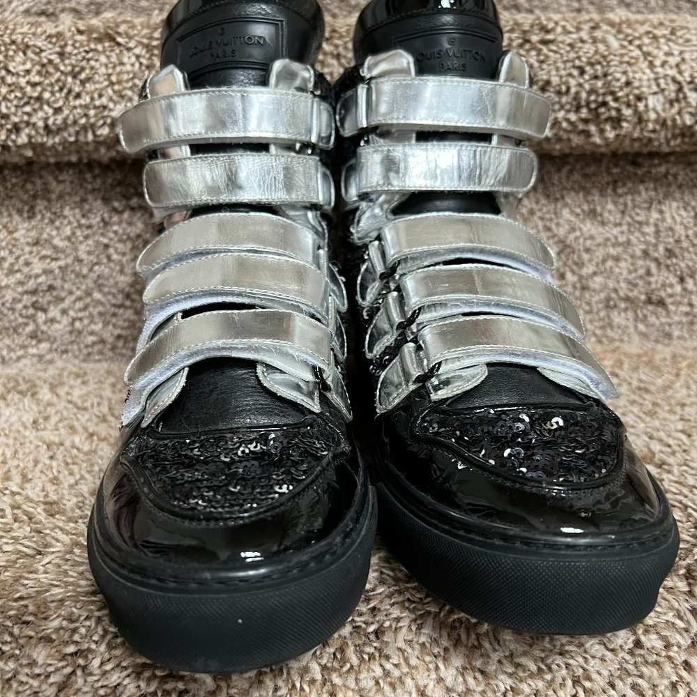 Louis Vuitton Women's Silver & Black Sequin Leather Straps High-Top Sneakers. - Picture 3 of 10